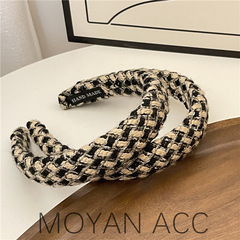 Korean Gold-Thread-Inlaid Plaid Hairband for Autumn/Winter: Sponge Material, High Ponytail Design to Slim the Face, Retro-Style Wide-Edge Hair Clip Headdress