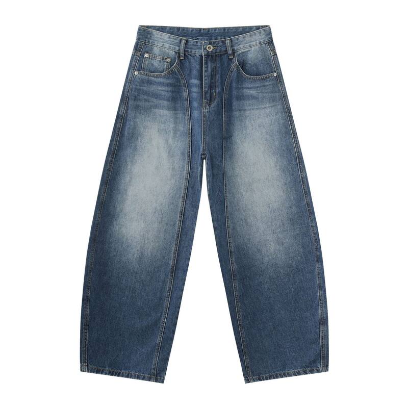 Quần jeans nam dáng thẳng rộng phối màu phong cách retro — màu xanh, màu xám đen