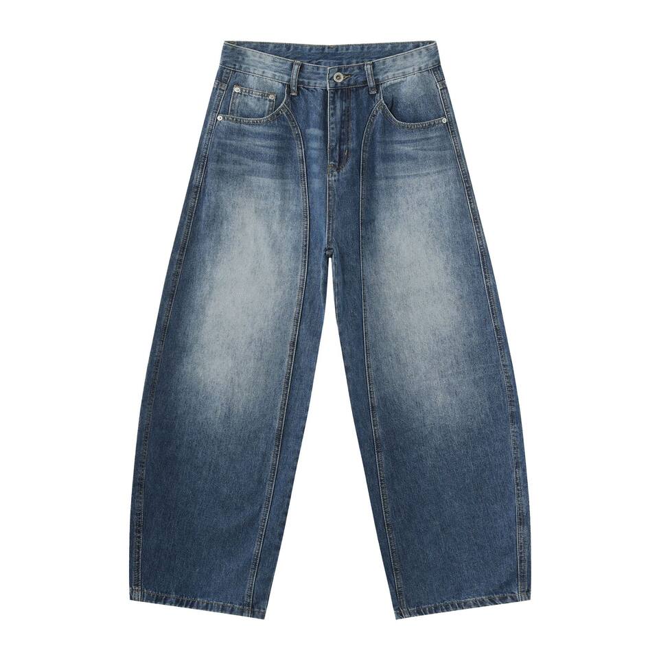 Quần jeans nam dáng thẳng rộng phối màu phong cách retro — màu xanh, màu xám đen