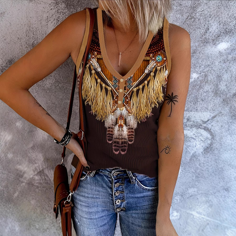 Cross-Border Hot-Selling Independent Site Shein Women's Western Ethnic Style Printed V-Neck Vest with Buttons, Sleeveless, Retro Style Cross-Border Hot-Selling Independent Site Shein Women's Western Ethnic Style Printed V-Neck Vest with Buttons, Sleeveless, Retro Style