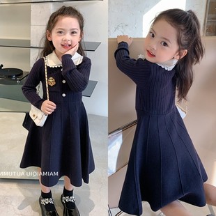 Girls 2025 Spring and Autumn New Baby Academy Style Wool Dress Children's Long Sleeve Lapel Styline Sweater dress