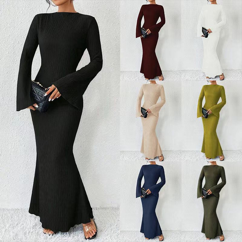 European Size Cross-Border Amazon Long Dress Women's Flared Long Sleeve Slim Fit Bodycon Dress Women's Foreign Trade 231133