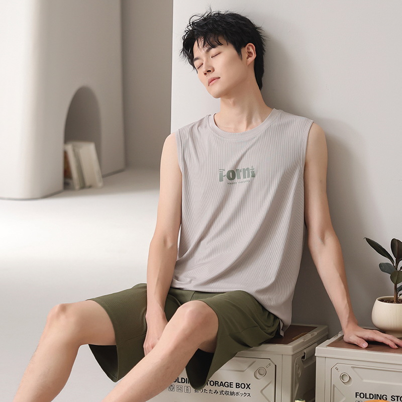 ZHUOJIA의 새로운 잠옷 남성 여름 얼음 실크 실 얇은 민소매 조끼 양복 조끼 홈웨어 정장 여름