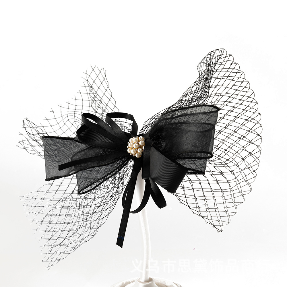 New Hepburn style bow mesh headdress pearl diamond ribbon hair accessories vintage nylon hairpin brooch dual-use