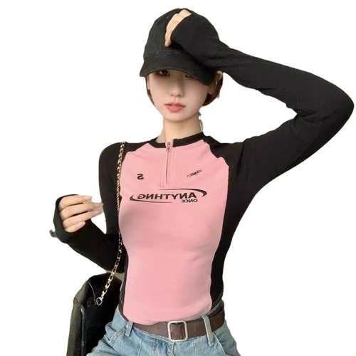 Ins Pure Desire Base Shoulder Zipper Women's Long Sleeve Autumn/Winter Base Shirt Slim Short Collar Splicing Top Women's Small Shirt