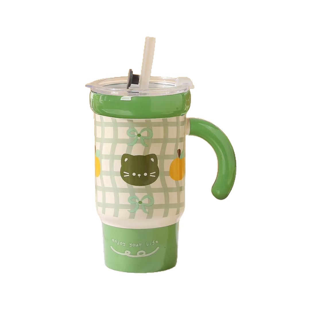 Personalidad creativa de dibujos animados de gran capacidad de taza de cerámica con cubierta taza de agua de paja de alto valor animal taza de hielo transfronteriza