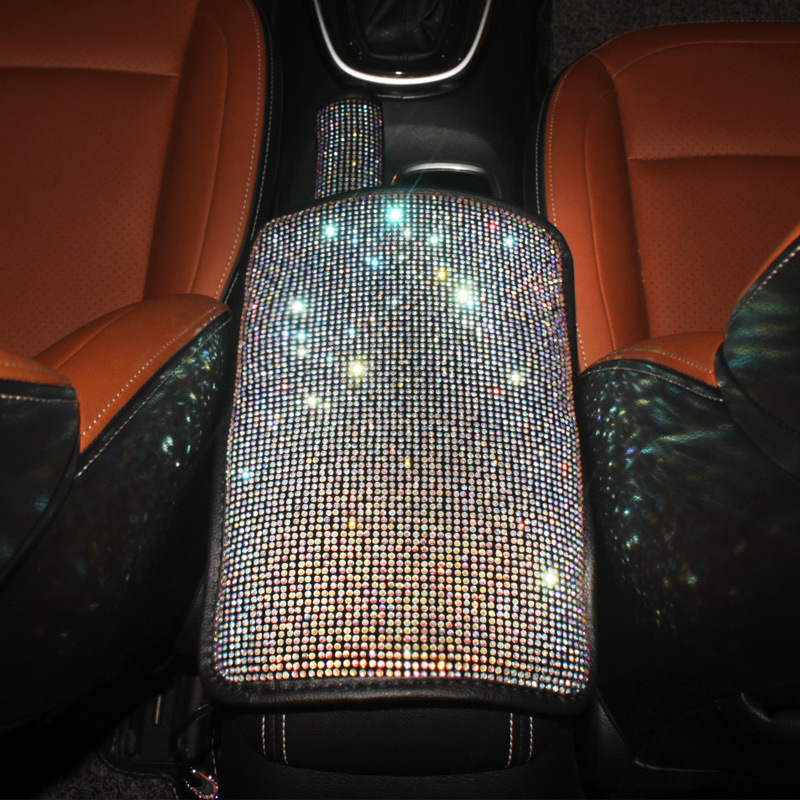 Car Armrest Box Pad Protective Cover with Rhinestones for Vehicle Interior Use, Full Rhinestone, Rhinestone with Sparkling Diamonds Armrest Cover