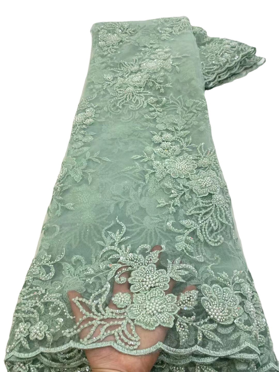 Tela de encaje bordado tridimensional posicionamiento de la flor tela de bordado de lentejuelas flor hecha a mano tubo de cuentas bordado de tela de malla JX3481