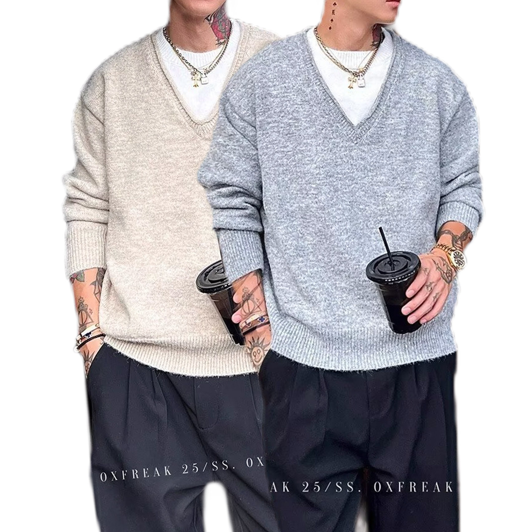 Explosiones transfronterizas de tamaño grande europeo falso dos piezas de cuello en V coreano jersey suéter masculino empalmado otoño y invierno fábrica de marea al por mayor