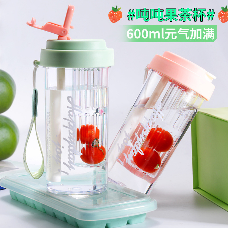 女の子用の透明なポータブルプラスチックカップ、アウトドアスポーツストローカップ、シンプルな高温耐性のティーセパレーター付きフラワーティーカップ|undefined