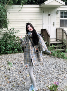 Pink, Blue, and Yellow Plaid 8/10 Sleeve Scarf Coat for Women, 2024 Winter New Warm Versatile Stylish Coat, Japanese and Korean Style