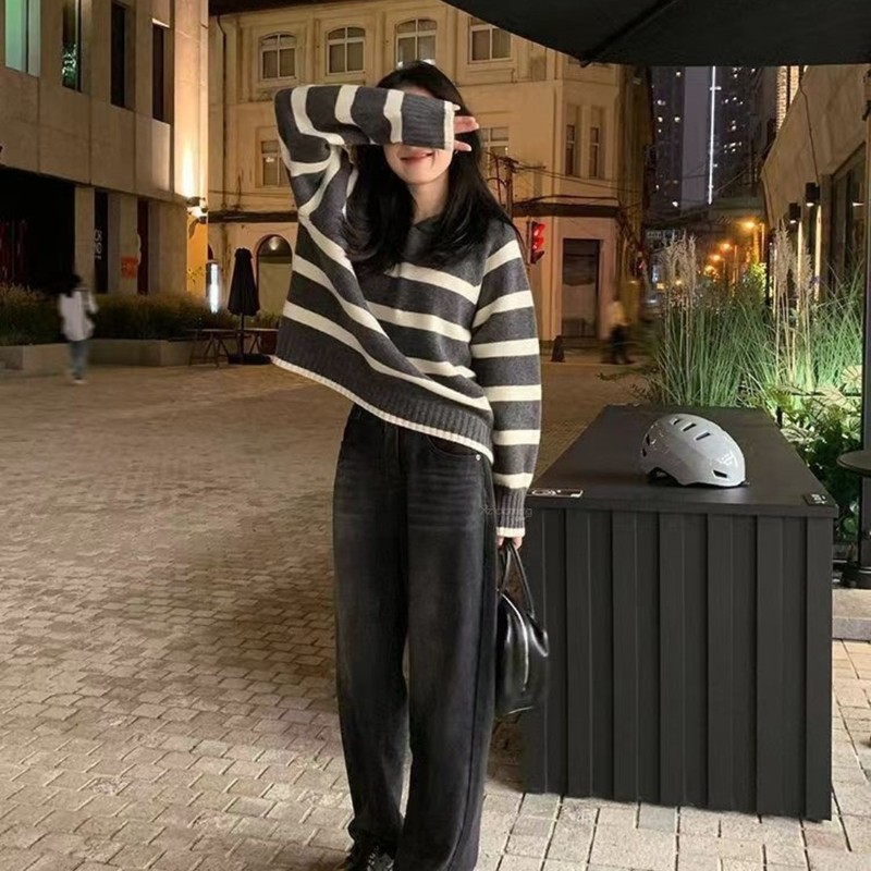 韩版复古条纹连帽毛衣女秋冬新款宽松拼色百搭慵懒风套头针织衫|undefined