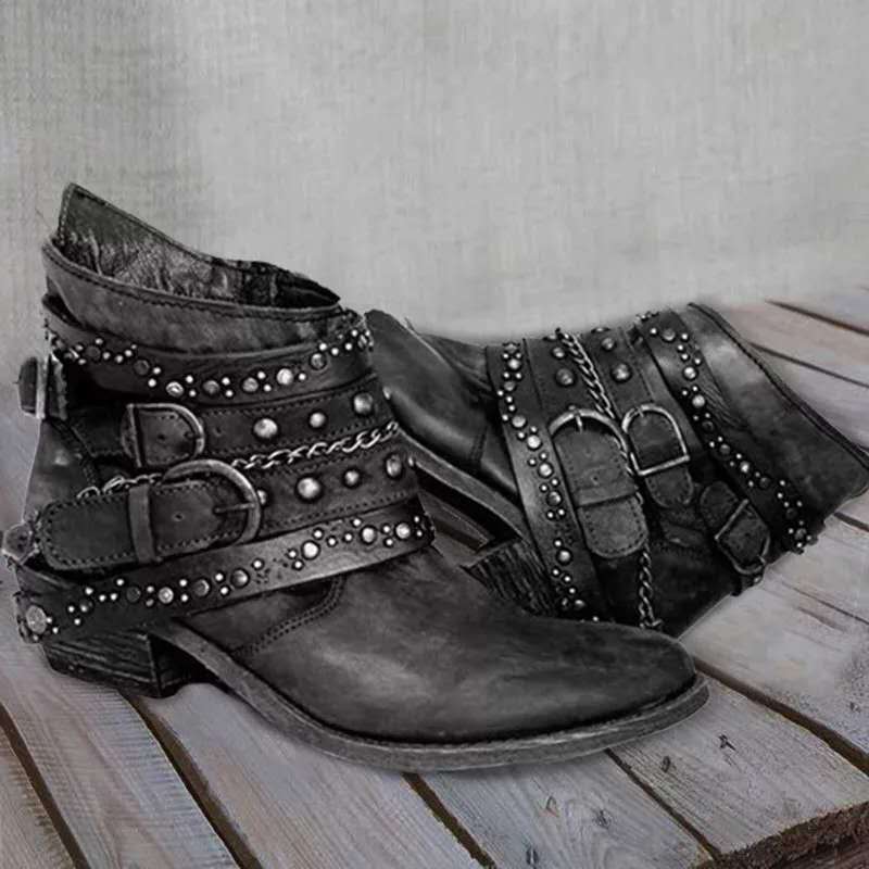 Women's Plus Size Ankle Boots European American Style Rivet Detailing Pointed Toe Martin Boots Mid Heel Winter New_voghion.com