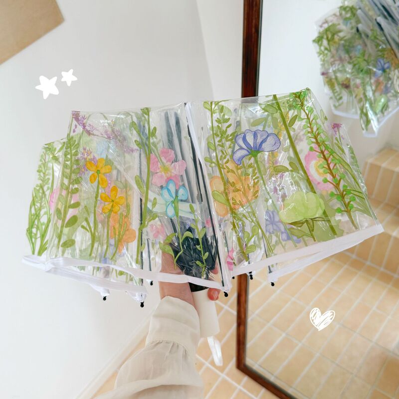 森風の小さな新鮮な花と草の透明傘、厚みのある折りたたみ式手動自動長柄傘、見栄えの良い写真撮影用のアーティファクト|undefined