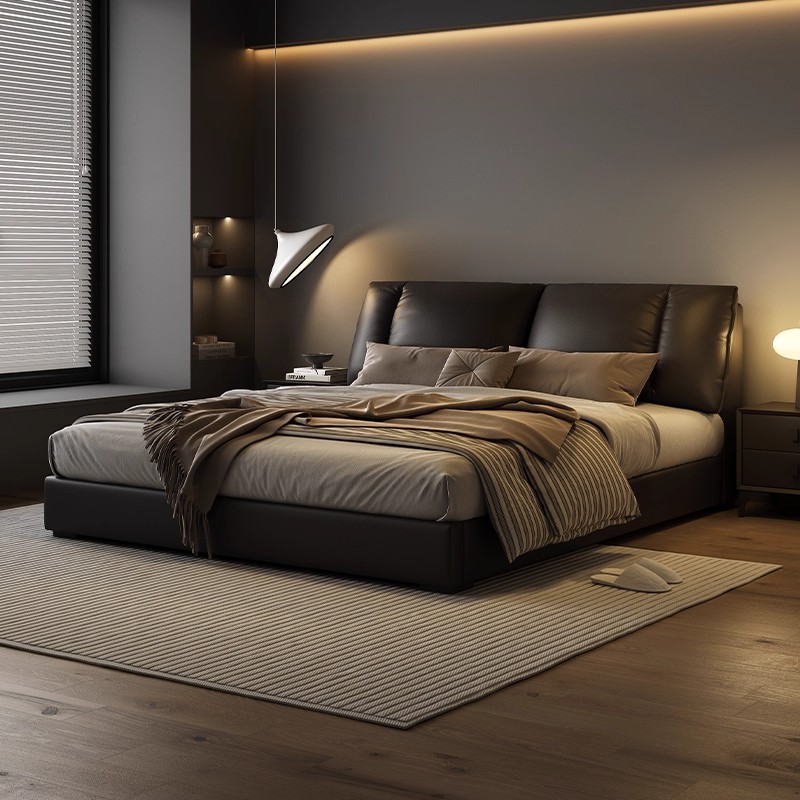 High-End Genuine Leather Bed, 1.8m Luxury Wedding Bed, Italian-Style Master Bedroom Upholstered Bed, Sailboat Bed