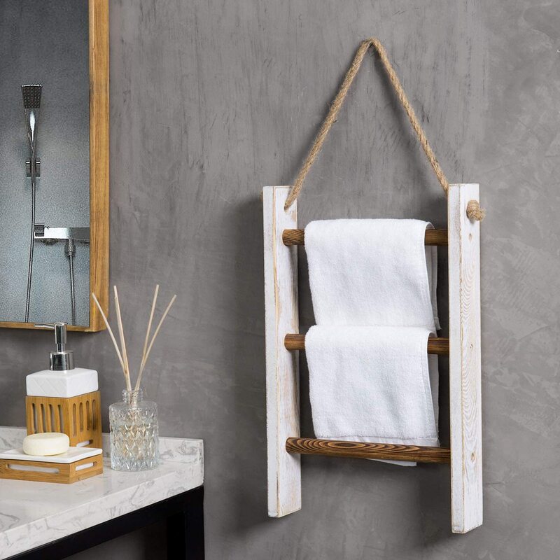 Wooden Distressed three-layer storage rack bathroom hemp rope towel storage rack wall-mounted trapezoidal decorative rack