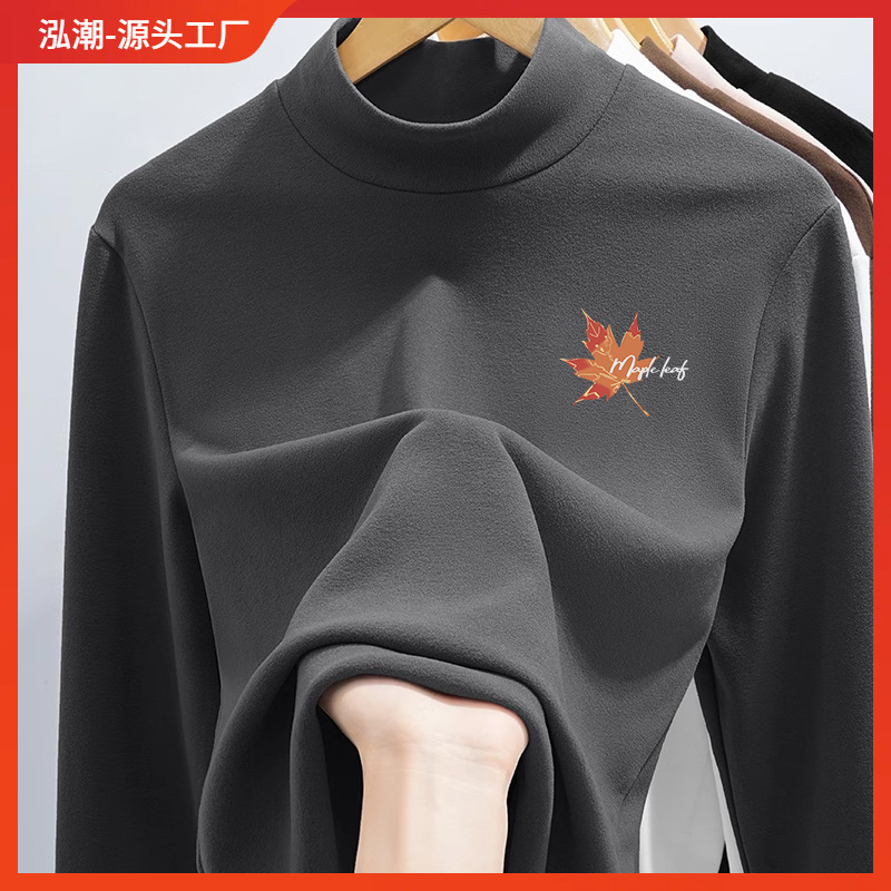 German velvet bottoming shirt men's winter collar slim top 2024 new fleece-lined warm half high collar long sleeve t-shirt