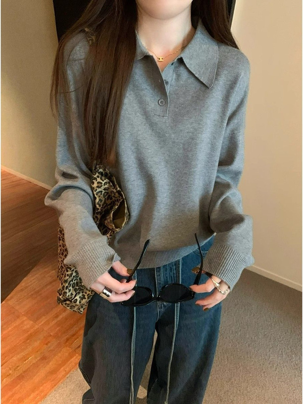 韓国系polo襟のたるみ感のあるニットセーター女性2025春秋シンプルで怠惰なボトムシャツのゆったりとした上着|undefined