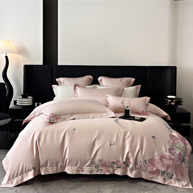 Flor de alta gama bordado de algodón de fibra larga juego de cuatro piezas algodón ligero lujo niña corazón funda edredón ropa de cama de algodón