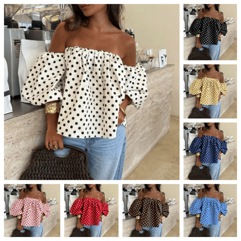 Cross-Border 2026 European and American New Style Women's Off-Shoulder Polka Dot Puff Sleeve Blouse Shirt Summer French Style 8 Colors in Stock