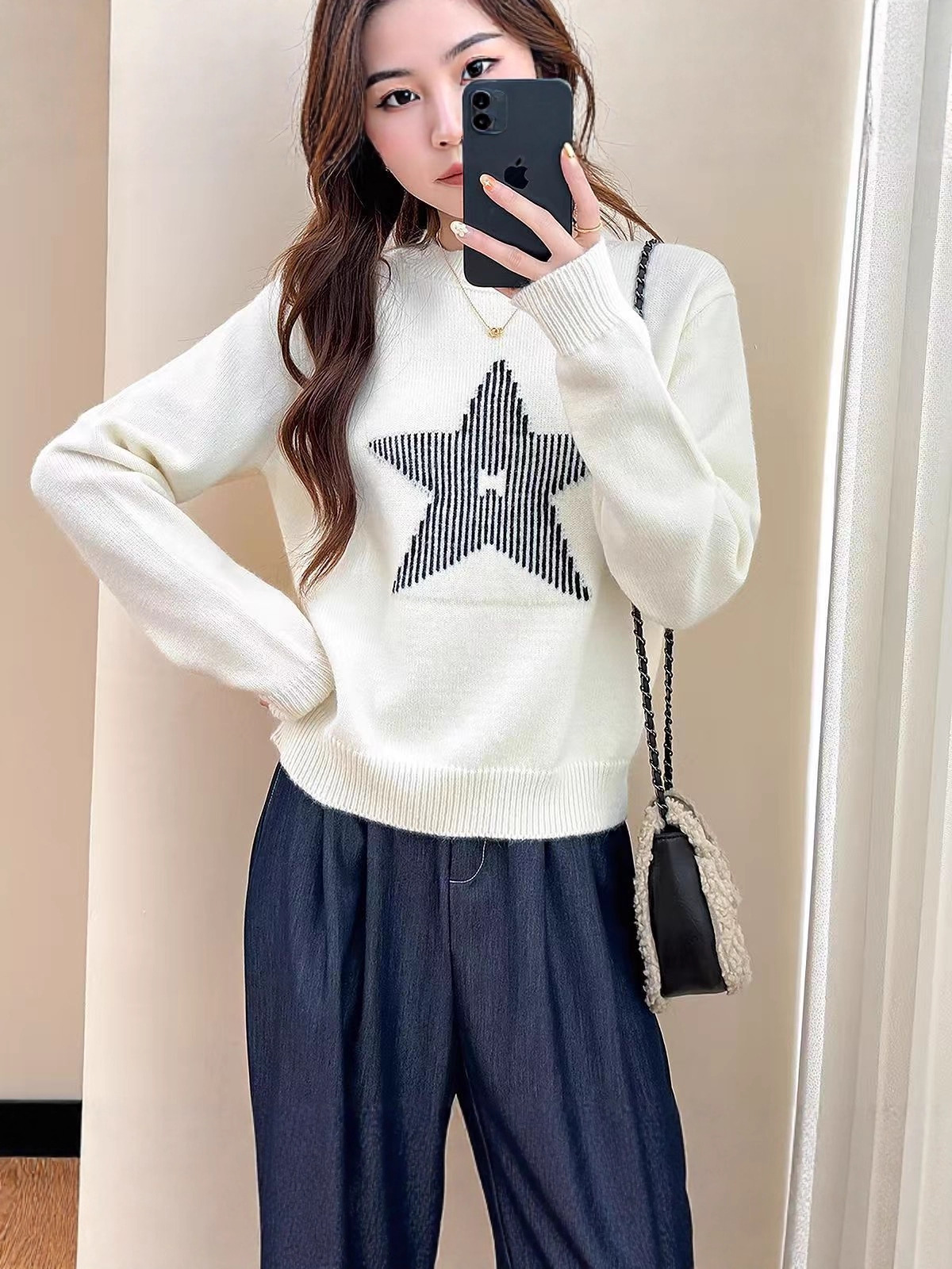Petite Lazy Pentagram Print Crew Neck Pullover Sweater for Women, New Loose Long Sleeve Knit Top for Autumn