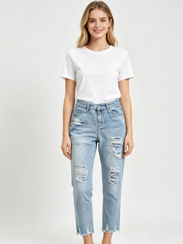 Jeans Rectos de Mezclilla para Mujer con Rotos y Borde Deshilachado Sin Elasticidad