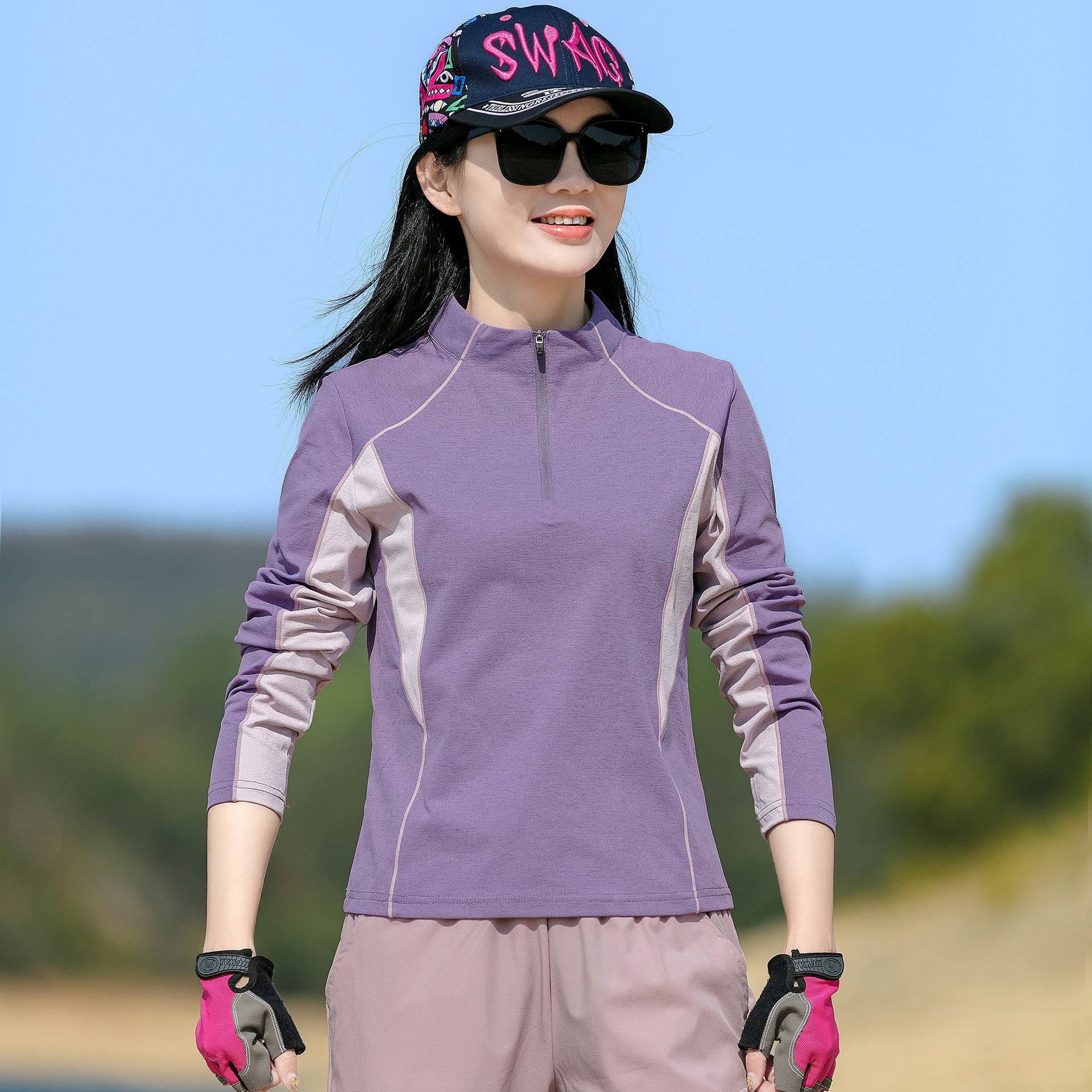 Spring and Autumn Quick-Drying Clothing for Women, Elastic, Breathable, Moisture-Absorbent, Outdoor Sports, Hiking, Mountaineering, Stand-Up Collar, Color-Blocking, Quick-Drying T-Shirt