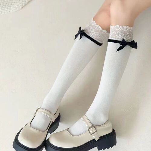 Summer and Autumn Sweet Little Legs Socks Lolita Bow White Mid-Calf Socks Japanese Flower Edge Lace Anti-Slip