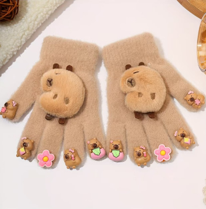 Guantes para niños Capibara – Modelo de invierno con cinco dedos, forro de terciopelo cálido.