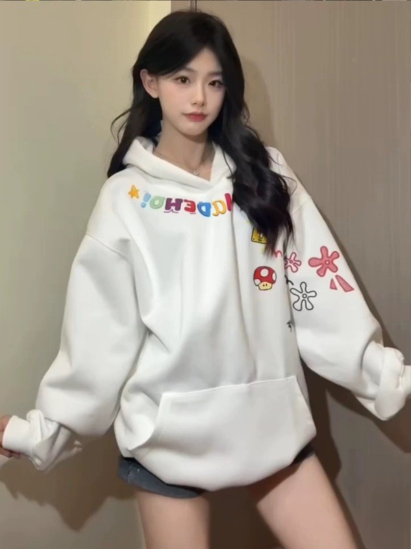2025秋季新款涂鸦印花白色连帽卫衣女宽松慵懒风chic韩系情侣外套|undefined