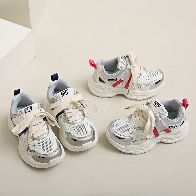 2025 primavera nuevo estilo zapatos de papá para niños moda todo-fósforo zapatos deportivos para niños zapatos para correr para niñas de una sola red ligeros y transpirables
