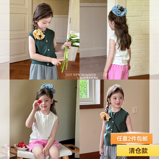 [Big Sale Style] Girls' Fashionable T-Shirt Children's Casual Solid Color Soft Waxy Thin Knitted Cardigan Vest Summer
