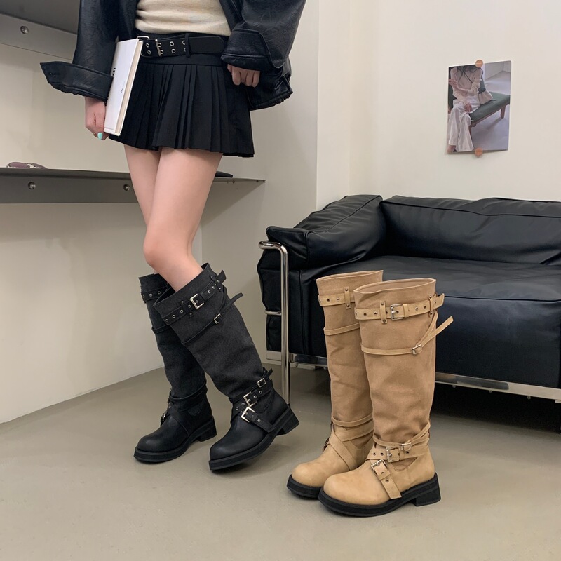 2026 New Versatile Retro-Style Belt Buckle Knight Boots for Women, High-Tube Motorcycle Boots, Maillard Style Western Cowboy Boots