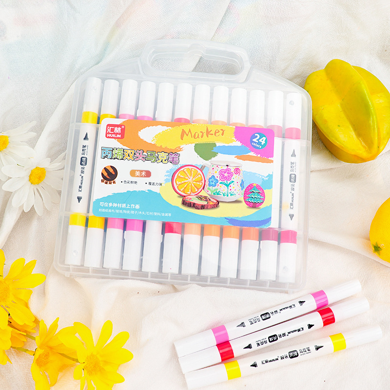 Huilin Cross-Border 24-Color Acrylic Dual-Tip Marker Pen for Baby Drawing, Art Graffiti, Non-Bleed, Layerable Color Pens