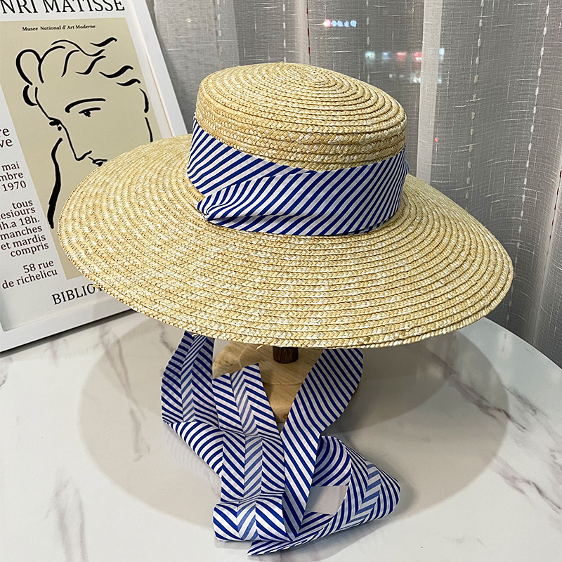 Pastorale Style D'été Grand Bord Chapeau De Plage Vacances Soleil Chapeau Dentelle-up Blé-paille Parasol Chapeau display picture 1