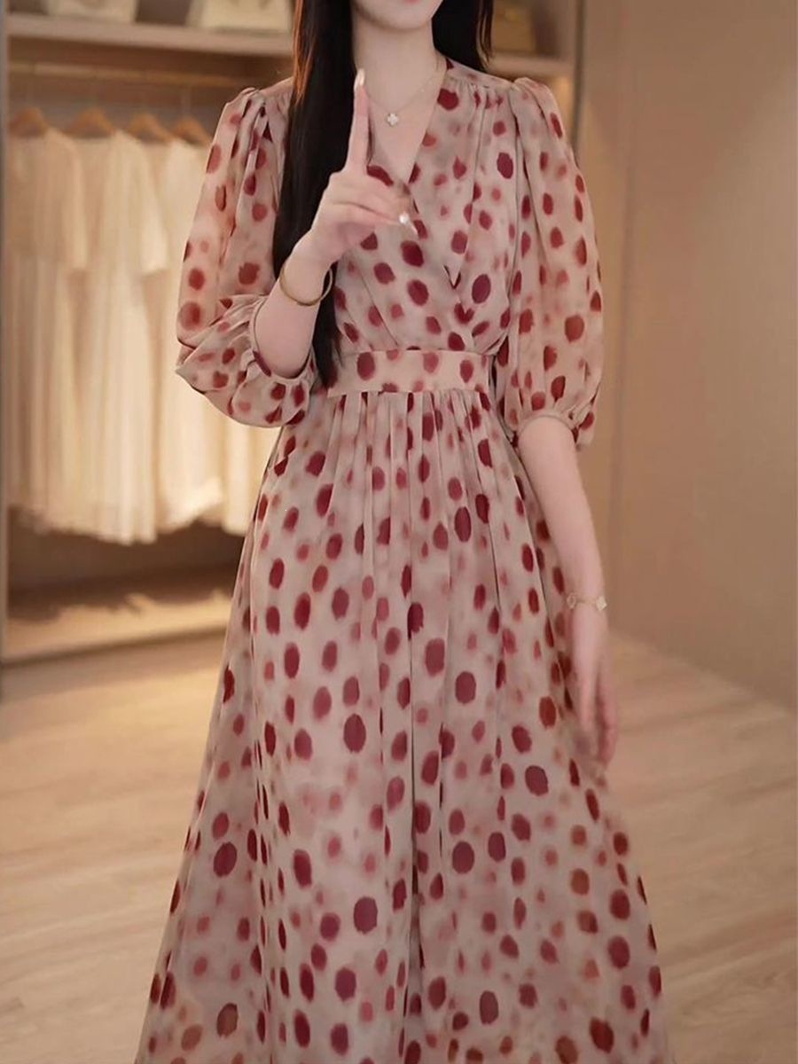 Đầm maxi nữ thắt eo họa tiết chấm bi sóng Pháp 2026 — Red wave dots (có lớp lót) chi tiết 1