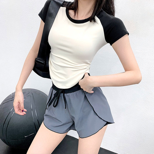Women's Yoga Clothes Spring and Summer Retro Color Block Breathable Quick Dry Round Neck T-Shirt Slimming Arc Side Body Pleats Arc Hem