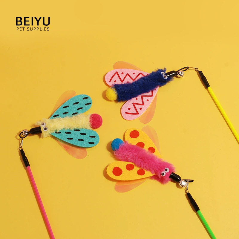 Красочный летающий червь колокольчик длинный стержень кошачий игрушка насекомое дразнит кошачью палку, укус милый забавный кошачий стержень прочный и долговечный