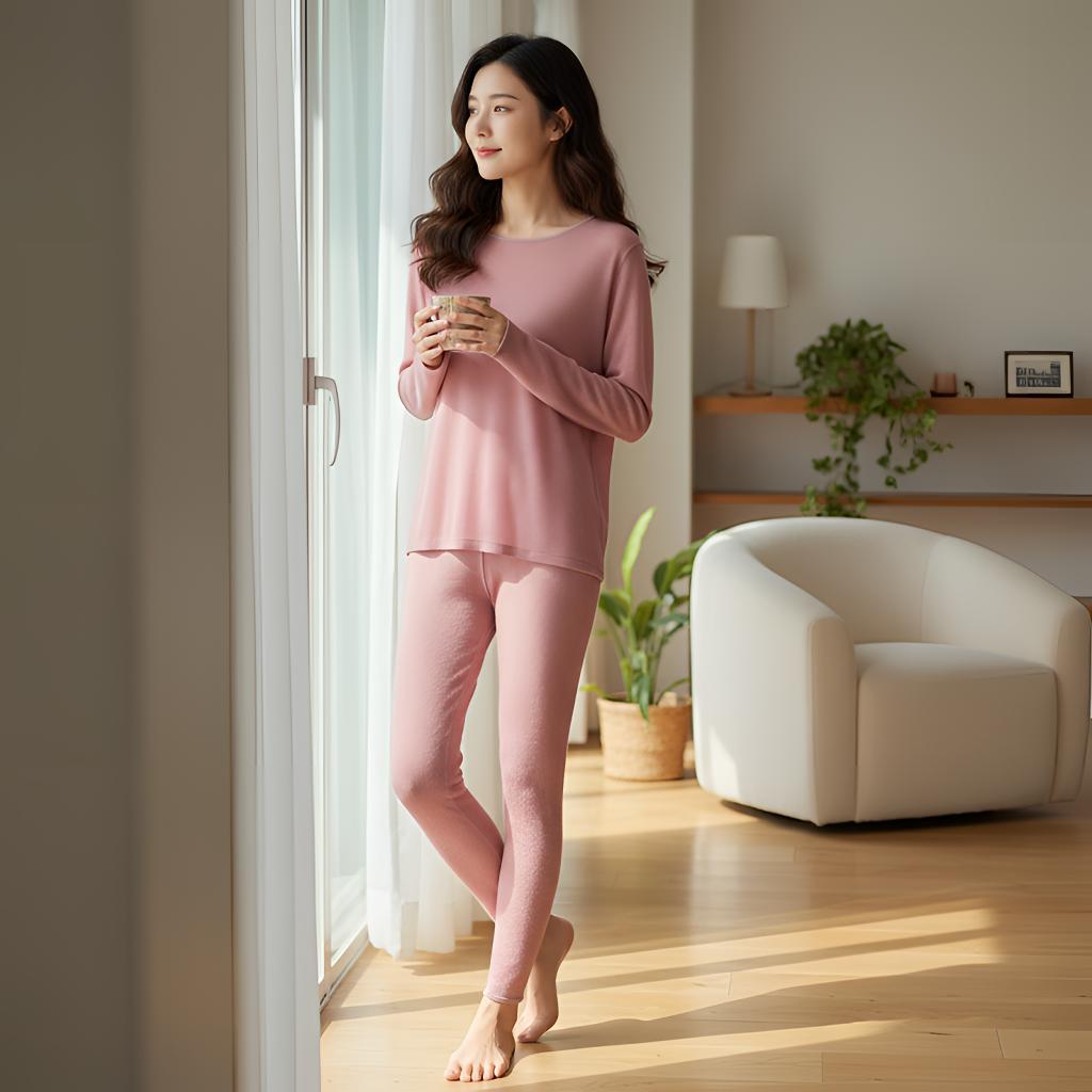 女秋冬宽松圆领真丝纯色秋裤秋衣套装亲肤内搭羊毛居家保暖内衣套