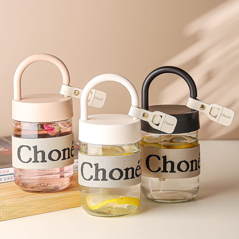 Free Shipping, Portable and Cute Little Chanel-Style Cup with Handle, Ins-Style Water Cup, Light Luxury with Cup Sleeve, Glass Cup with Lid