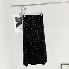 韩国订单秋冬新款百搭复古黑白高腰显瘦波点丝绒半身裙A字裙长款