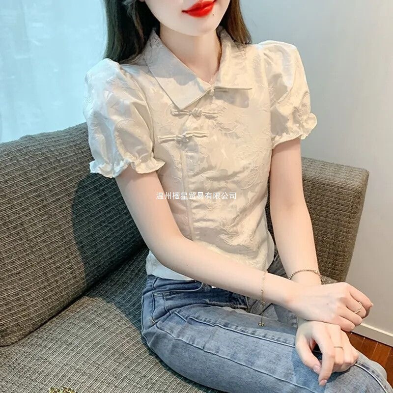 2026 Summer New Improved Cheongsam Retro Republic of China Style Buttoned Shirt with a New Design, New Chinese Style Short-Sleeve T-Shirt with a Cinched Waist