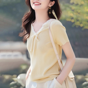 New Pullover Casual Design Summer V Neck Lace Bow Tie Knitted Top Hot Style