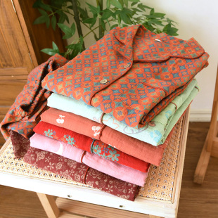 Cotton Large Jacquard Double-layer Yarn Women's Home Clothes Pajamas Long-sleeved Trousers suit Yarn-dyed Turn-over Collar for Four Seasons
