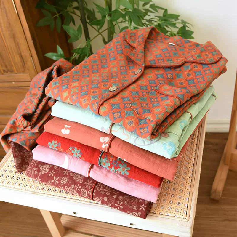 全棉大提花双层纱女士家居服睡衣长袖长裤套装色织翻领款四季可穿