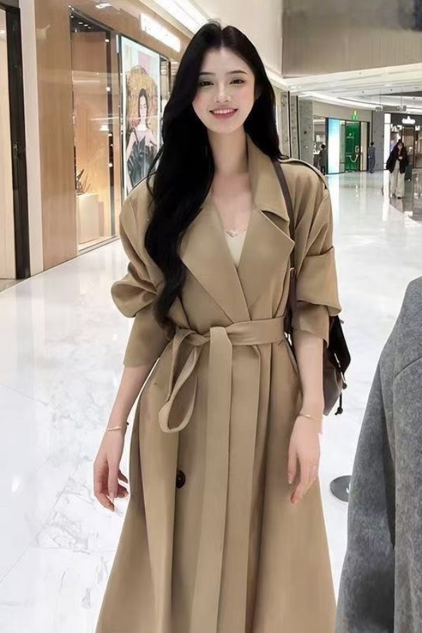 卡其色风衣外套女中长款2026春秋季新款韩版时尚翻领系带收腰大衣