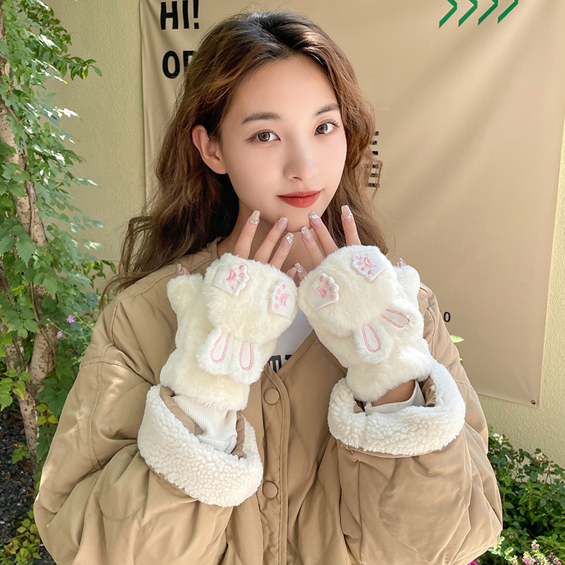 手套冬女可愛少女學生萌兔子翻蓋露指寫字毛絨加絨防寒防凍保暖