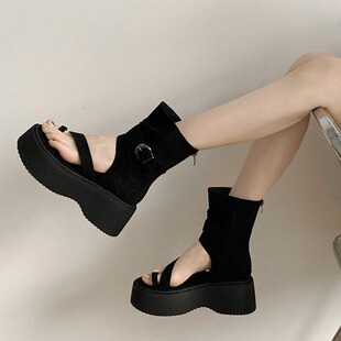 Black High-end Sense Set Toe Platform Sandals Women's 2024 New Summer Outwear Heightened Short Tube Sandals with Skirt
