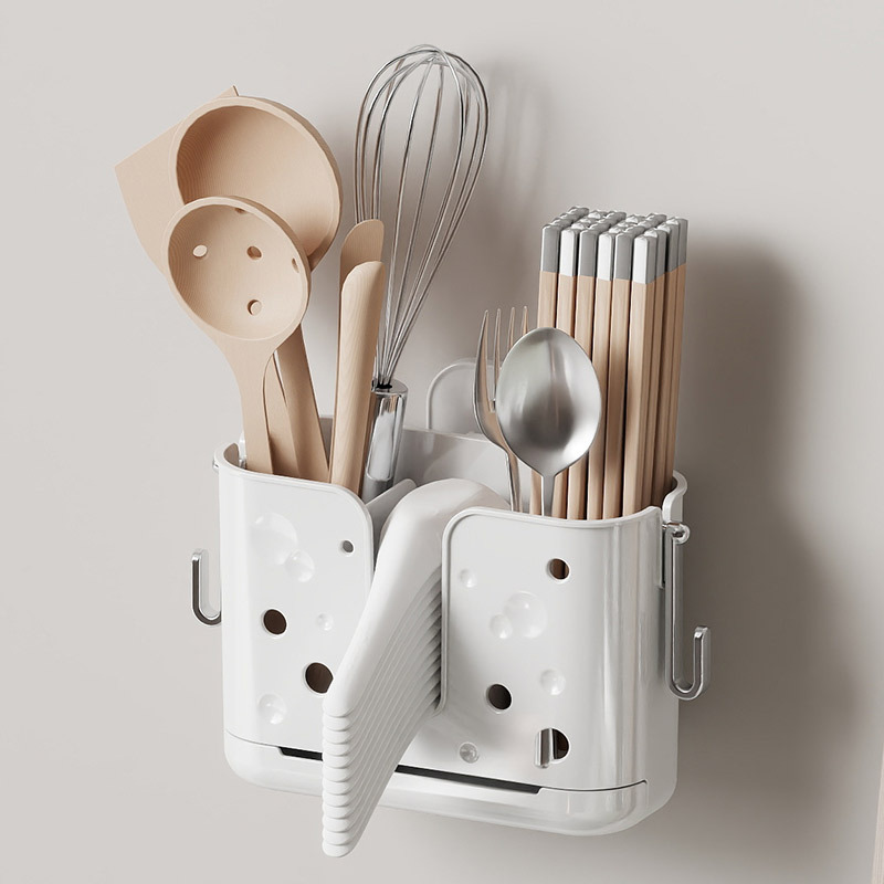 Wall-Mounted Kitchen Storage Box for Chopsticks, No-Drill Spoon and Knife Holder, Integrated Storage Rack for Chopsticks and Utensils