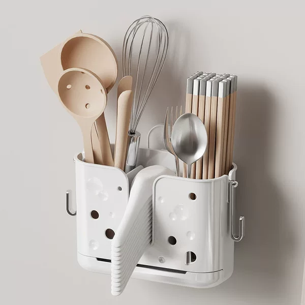 Wall-Mounted Kitchen Storage Box for Chopsticks, No-Drill Spoon and Knife Holder, Integrated Storage Rack for Chopsticks and Utensils